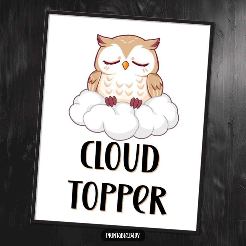 Funny digital art print of a sleepy owl dozing soundly on a fluffy pile of clouds, offering instant humorous and peaceful decor.