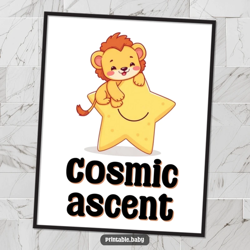 Funny digital art print of a brave lion cub climbing a smiling star, symbolizing bravery and achievement. Instant download.