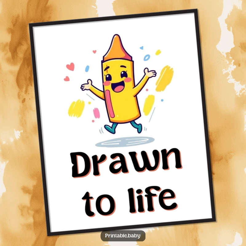 Funny playful crayon character digital art print, dancing joyfully around a sketchbook, for instant, cheerful, and creative wall decor.