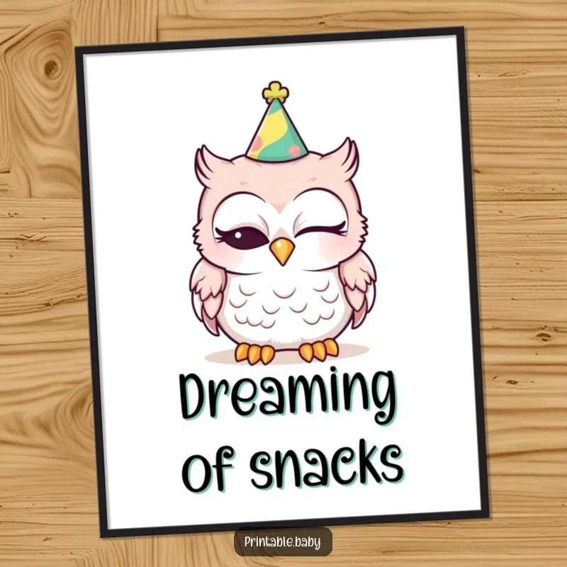Funny sleepy baby owl wearing a party hat, one eye closed, ready to download and print for humorous decor.