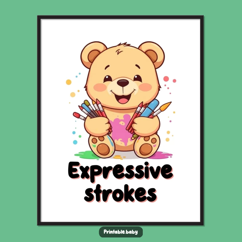 Funny Art Bear Digital Art Print: Smiling Teddy, Paint Splatters for Instant Art Decor