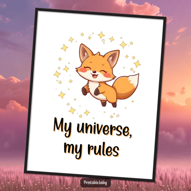 Funny Digital Art Print of a smiling fox joyfully leaping through twinkling constellations, perfect for vibrant wall decor.