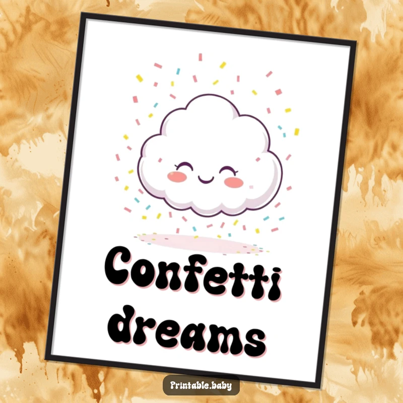 Funny giggling cloud character digital art print, raining colorful confetti onto a blank page, for instant, cheerful, and creative wall decor.