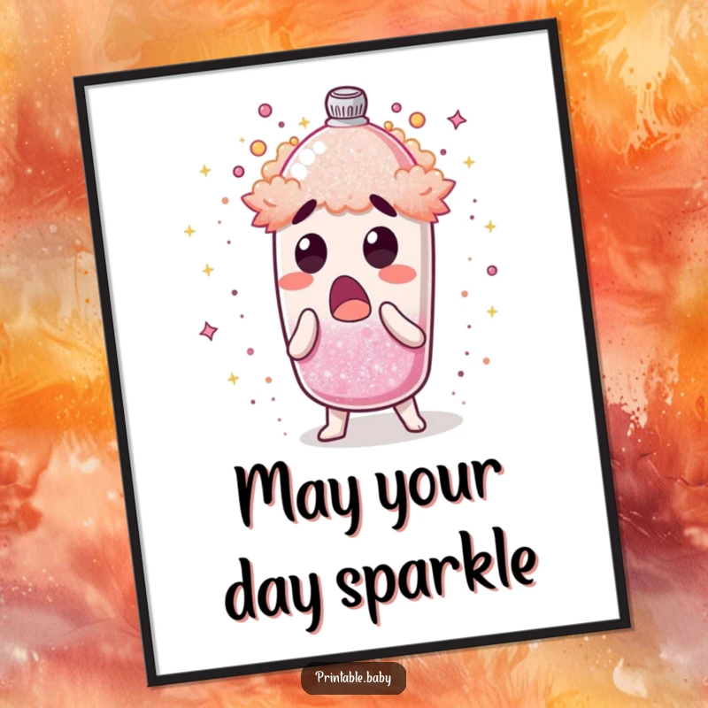 Funny digital art print of a surprised glitter shaker character erupting with shimmering dust, vibrant and humorous.