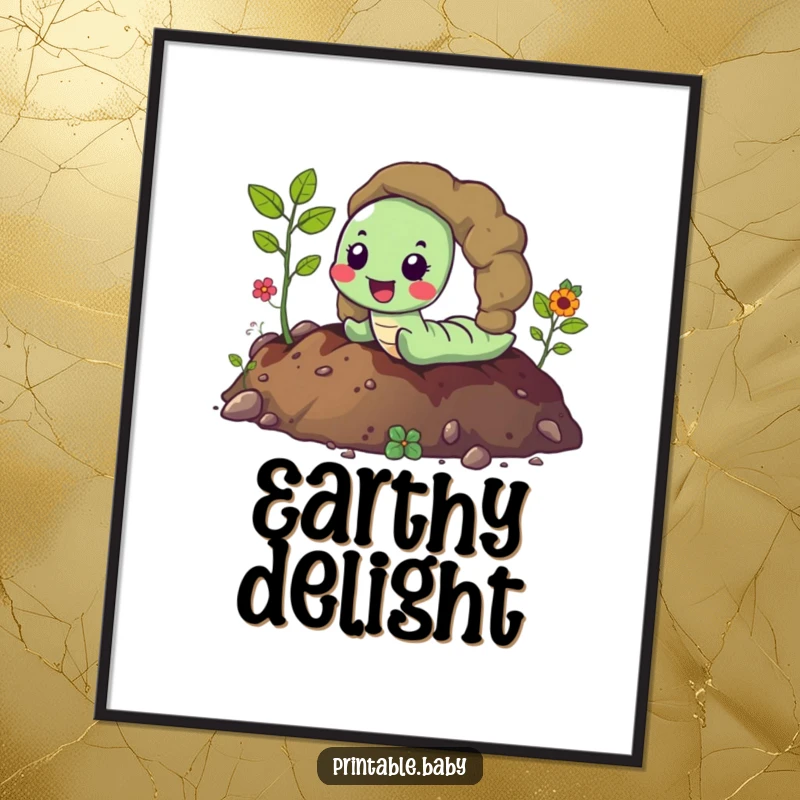 Funny happy worm joyfully tunneling through vibrant soil, leaving a trail, humorous digital art print for vibrant, earthy decor.