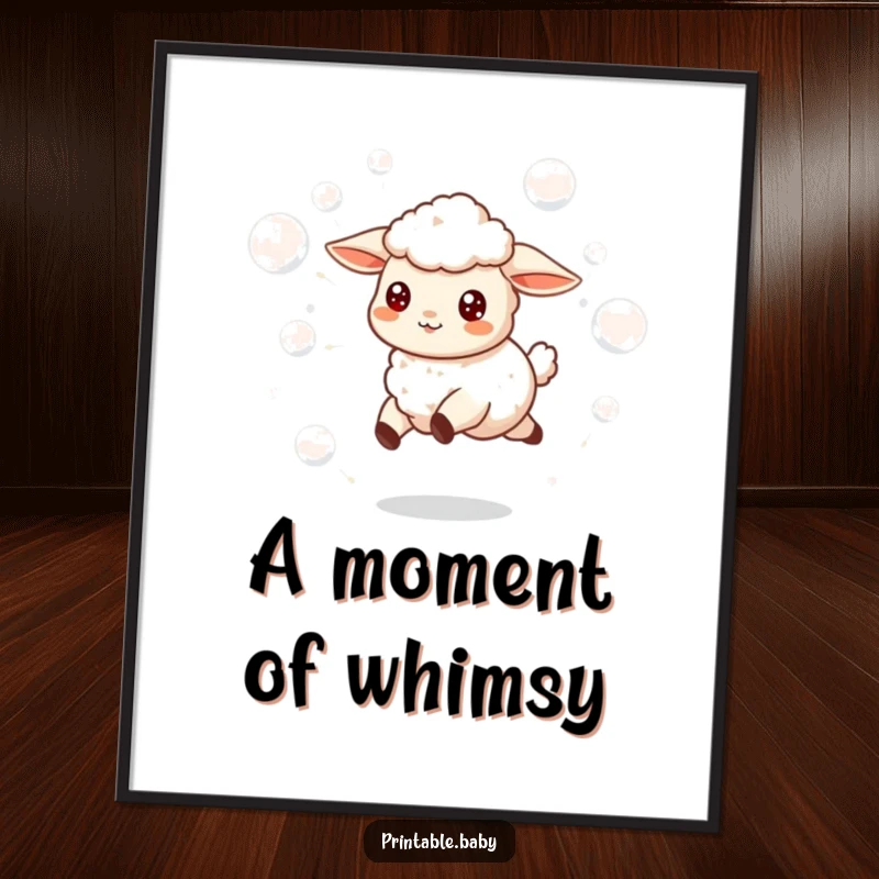 Funny digital art print of a happy lamb skipping joyfully, surrounded by whimsical floating bubbles, ready to print.