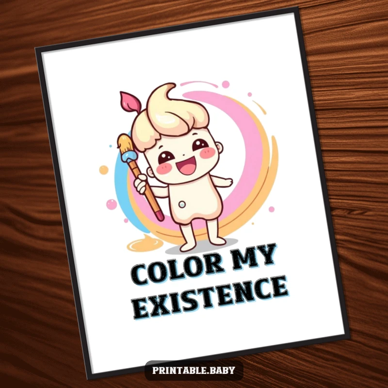 Funny Paintbrush Digital Art Print: A downloadable file of a cheerful paintbrush character painting a rainbow swirl, for instant art decor.