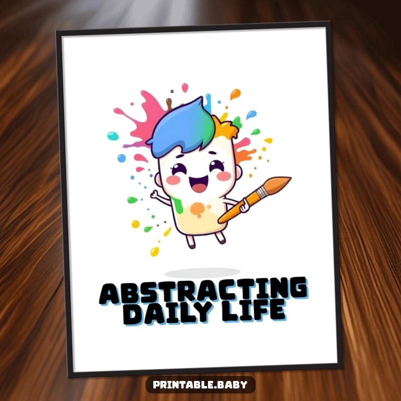 Funny paintbrush rainbow digital art print of a cheerful paintbrush character splattering rainbow colors, ready to download.