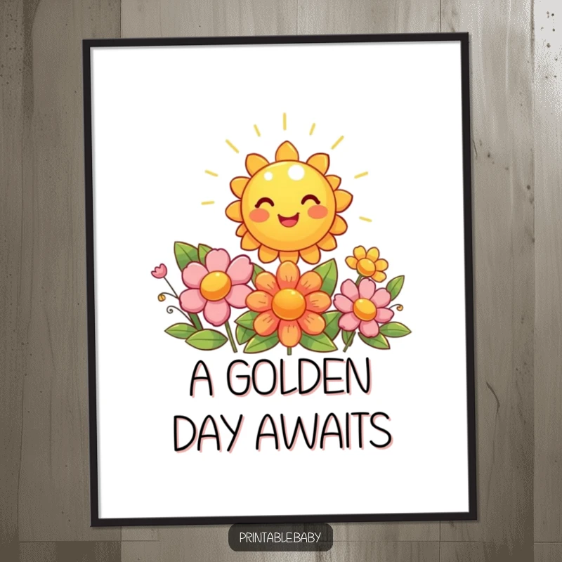 Funny sun digital art print, giggling sun shining brightly on beaming flowers, vibrant decor.