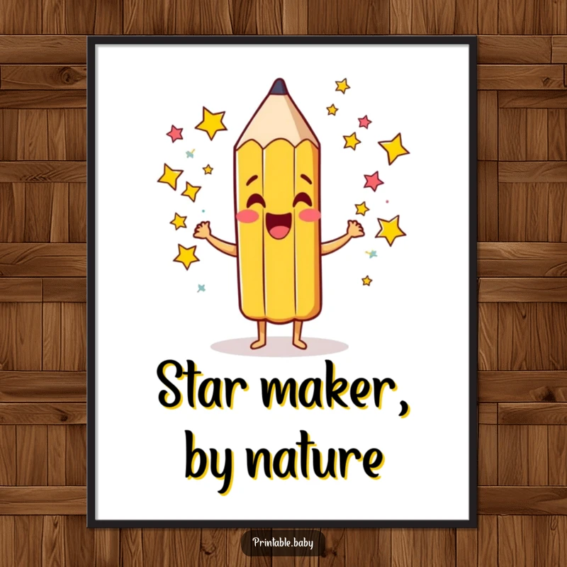 Funny Pencil Digital Art Print: Printable art of a giddy pencil character scribbling colorful stars, perfect for adding instant creativity and magic.