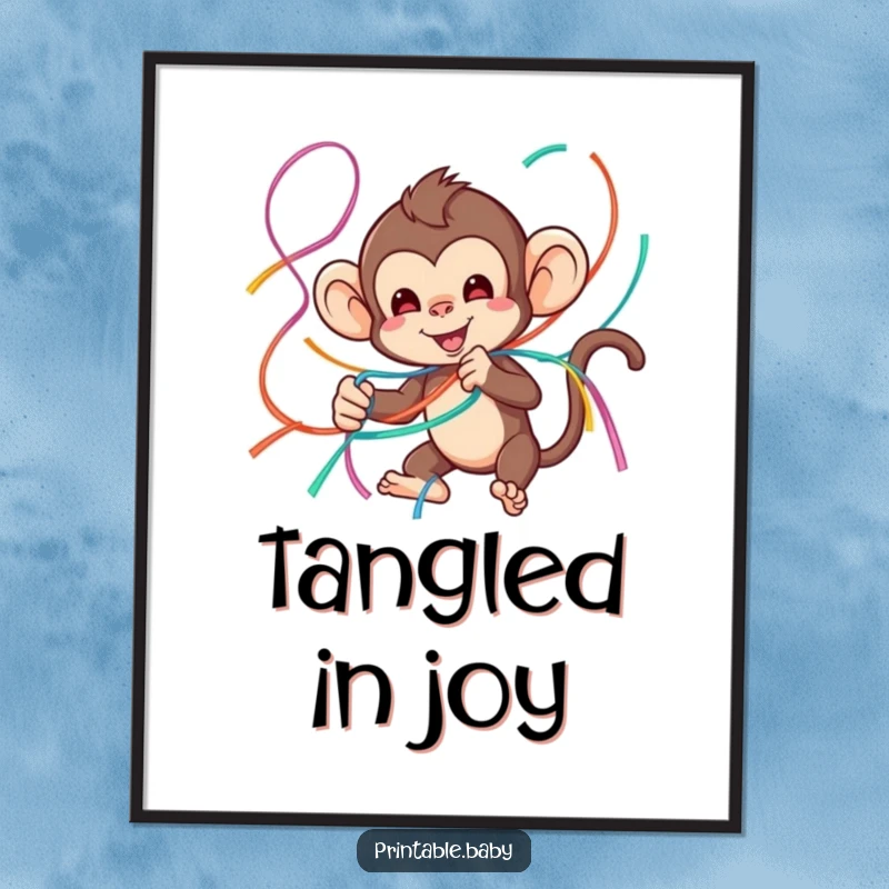 Funny monkey digital art print of a playful monkey tangled in colorful streamers, conveying instant party fun.