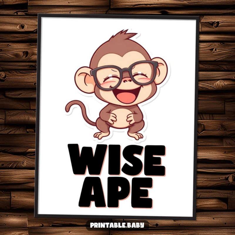 Funny monkey digital art print, mischievous primate giggling behind oversized spectacles, smart and humorous wall art.