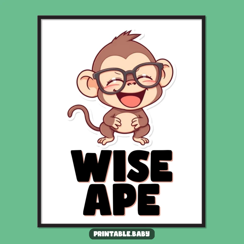Funny Monkey Digital Art Print - Giggling Spectacled Primate Decor, an Intellectual Gift