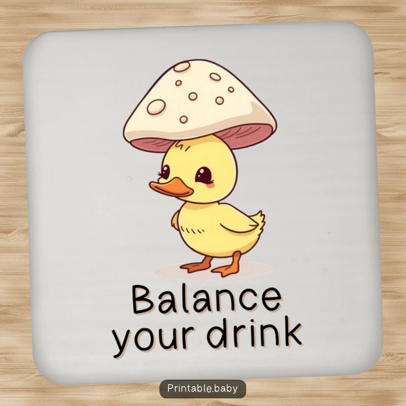 Funny duckling drink coaster, comically balancing a large mushroom on its head, a charming accessory.