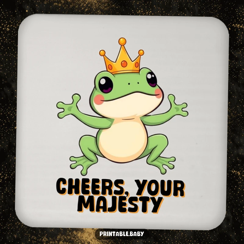 Funny leaping frog wearing a tiny crown, mid-jump, a humorous coaster for protecting surfaces with royal charm.