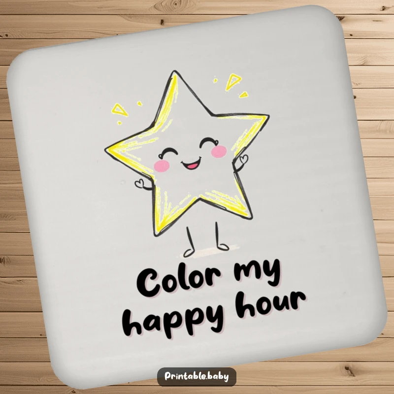 Funny crayon star drink coaster with a smiling crayon character drawing a star, protecting surfaces with artistic flair.