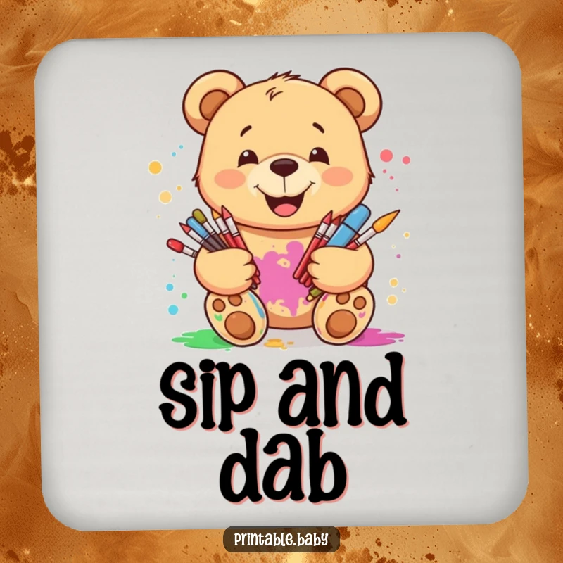 Funny smiling teddy bear drink coasters, with paint splatters, perfect for protecting surfaces with a creative and humorous flair.