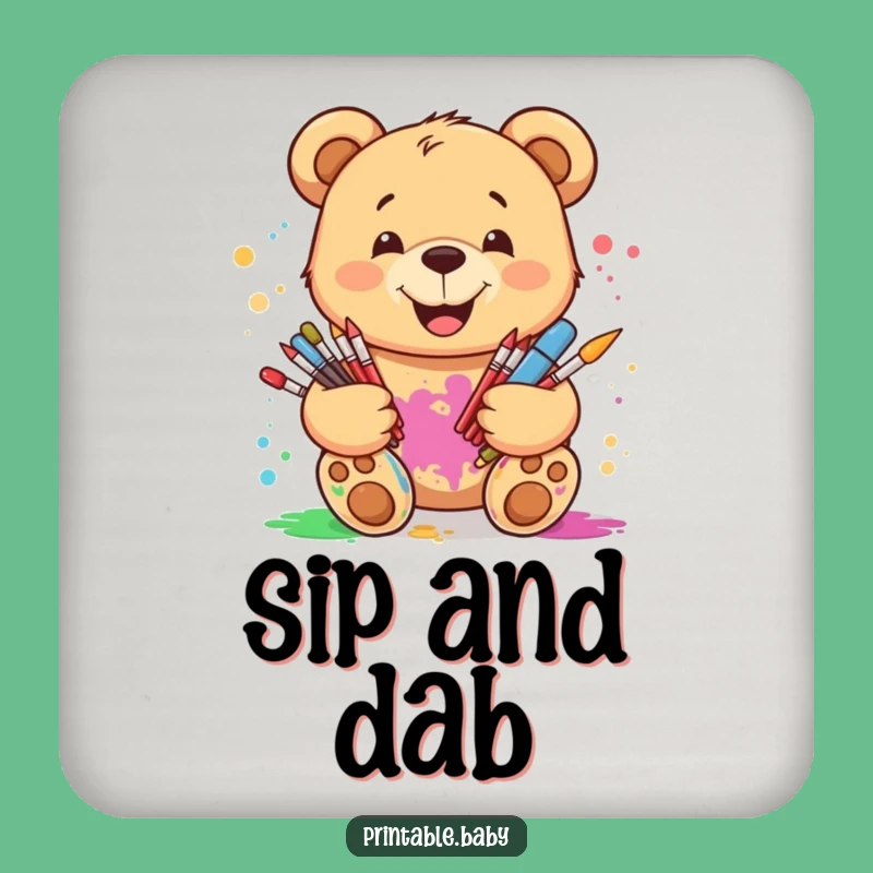 Funny Art Bear Coaster Set: Smiling Teddy, Paint Splatters for Artistic Tables