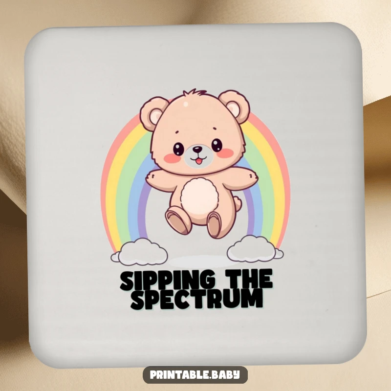 Funny coasters with a fluffy bear cub bouncing on a colorful rainbow, protecting surfaces with humorous, vibrant art.