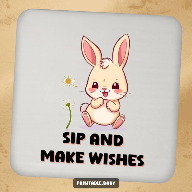 Funny bunny drink coaster, mischievous bunny playfully chasing a dandelion seed, protecting surfaces.