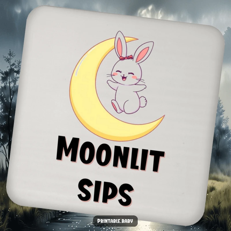 Funny drink coaster showing a giggling bunny hopping on a large crescent moon, adding celestial fun.