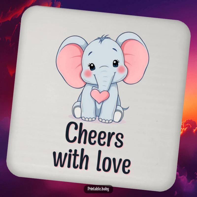 Funny Elephant Heart Coaster showcasing a surprised baby elephant with its trunk curled into a heart shape, adding loving humor to any drink setting.