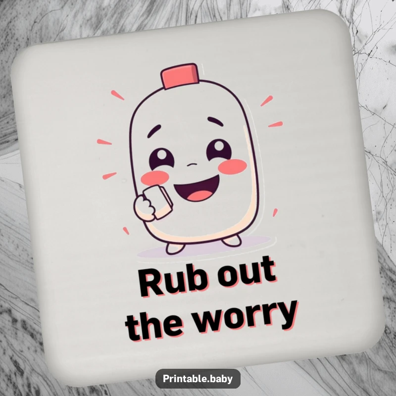 Funny drink coaster with a mischievous eraser character happily rubbing out a funny face, adding playful humor to any table.