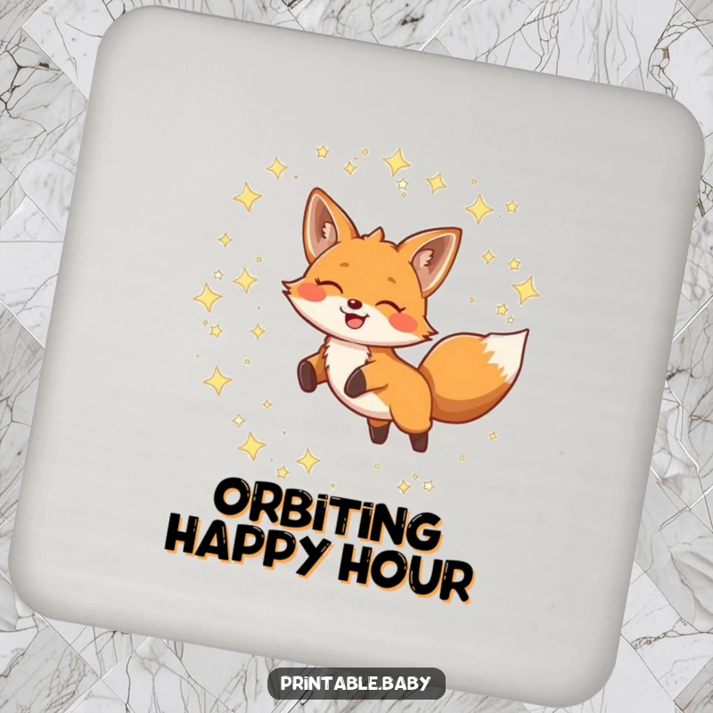 Funny Drink Coasters showcasing a smiling fox leaping through twinkling constellations, adding a whimsical touch to tabletops.
