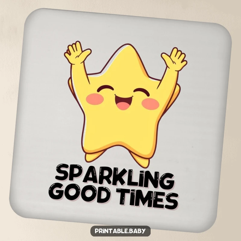 Funny giggling star with arms thrown up in pure joy, radiating happiness, a humorous coaster for protecting surfaces with charm.