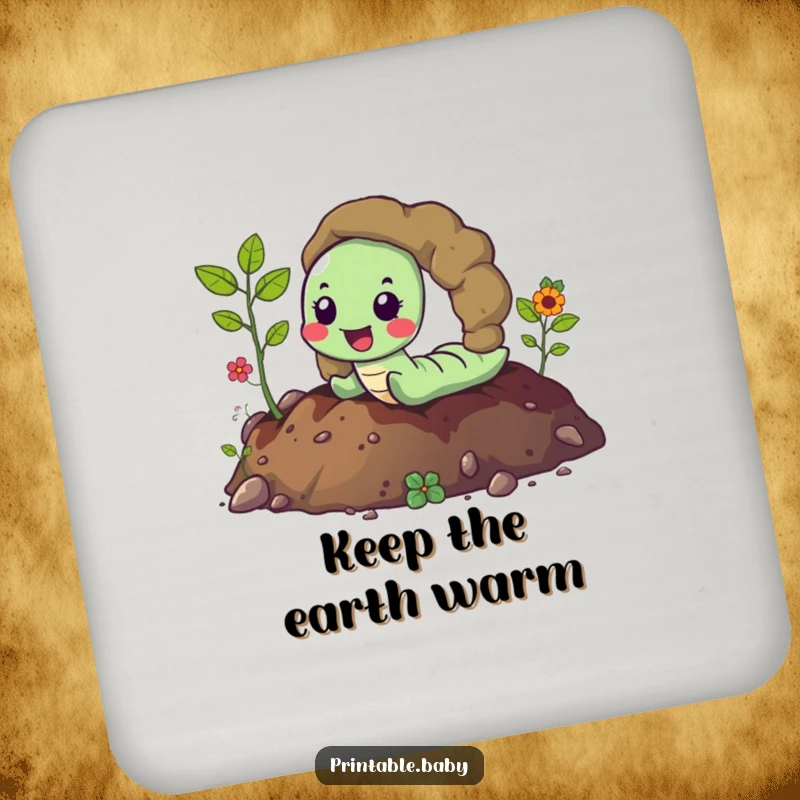 Funny happy worm joyfully tunneling through vibrant soil, leaving a trail, a humorous coaster for protecting surfaces with charm.