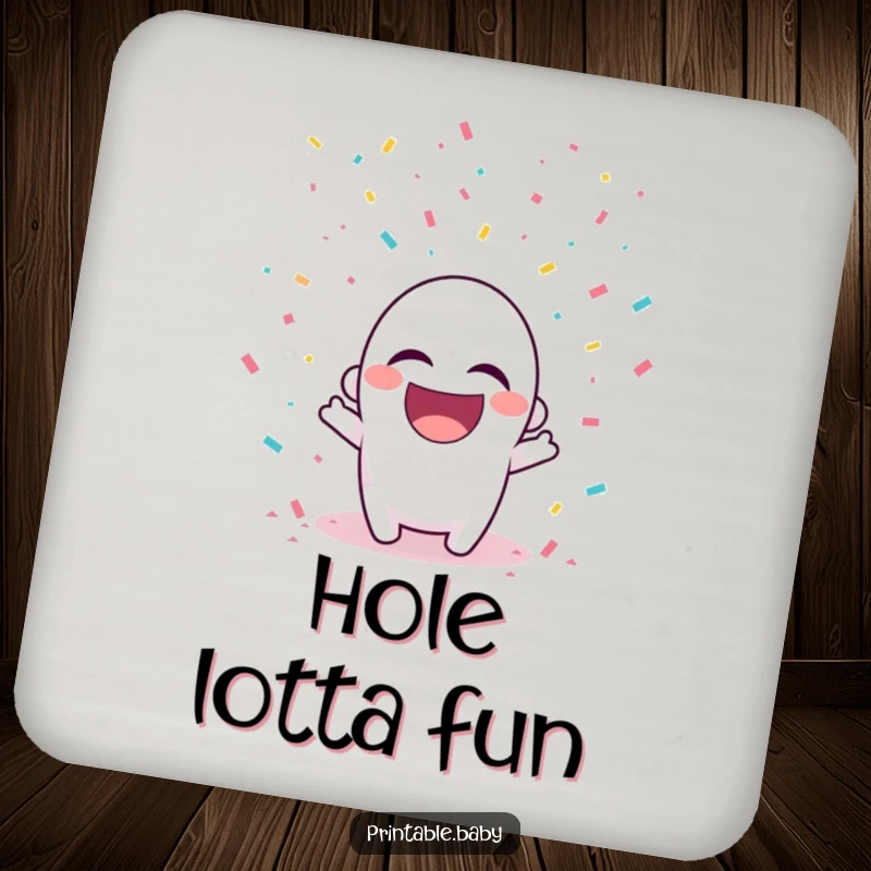 Funny drink coaster with a laughing hole punch character amidst falling confetti.