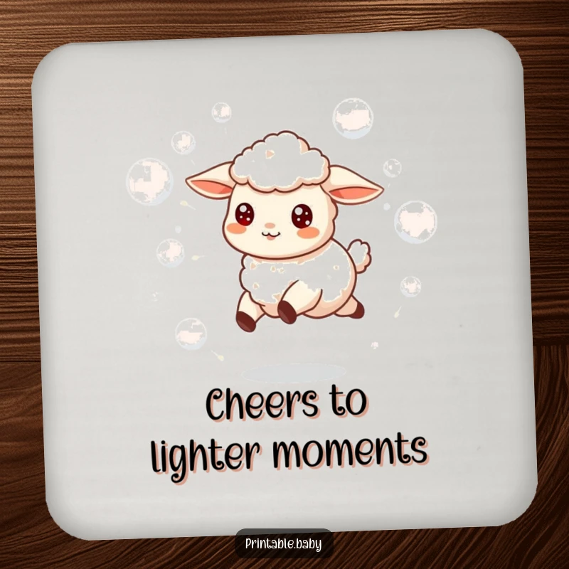 Funny drink coasters with a cheerful lamb skipping joyfully amongst floating bubbles, adding whimsy to decor.