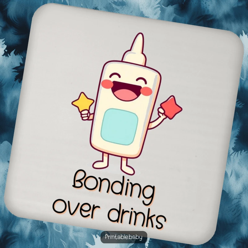 Funny coaster featuring a laughing glue stick character sticking shapes together, protecting surfaces with cheer.