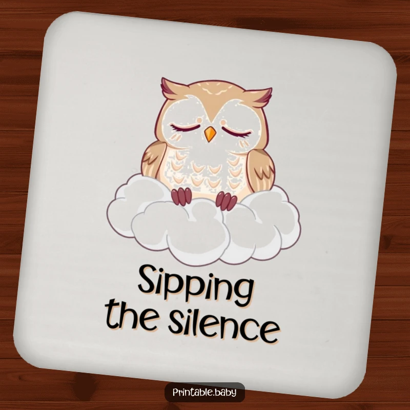 Funny coasters with a sleepy owl dozing soundly on a fluffy pile of clouds, protecting surfaces with humorous calm.