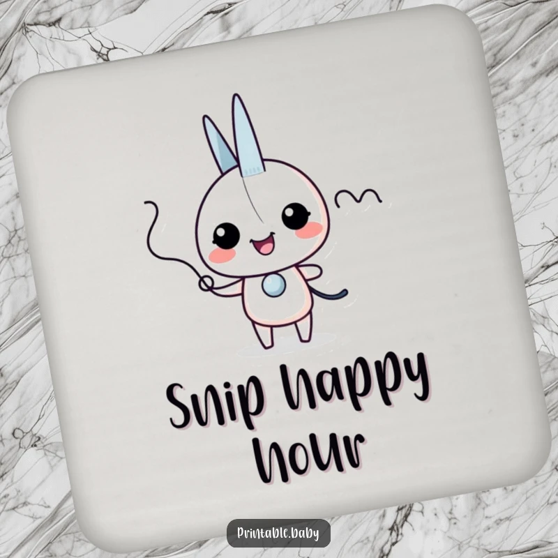 Funny scissors giggles drink coaster with an excited scissors character snipping a wiggly line, protecting surfaces with humor.