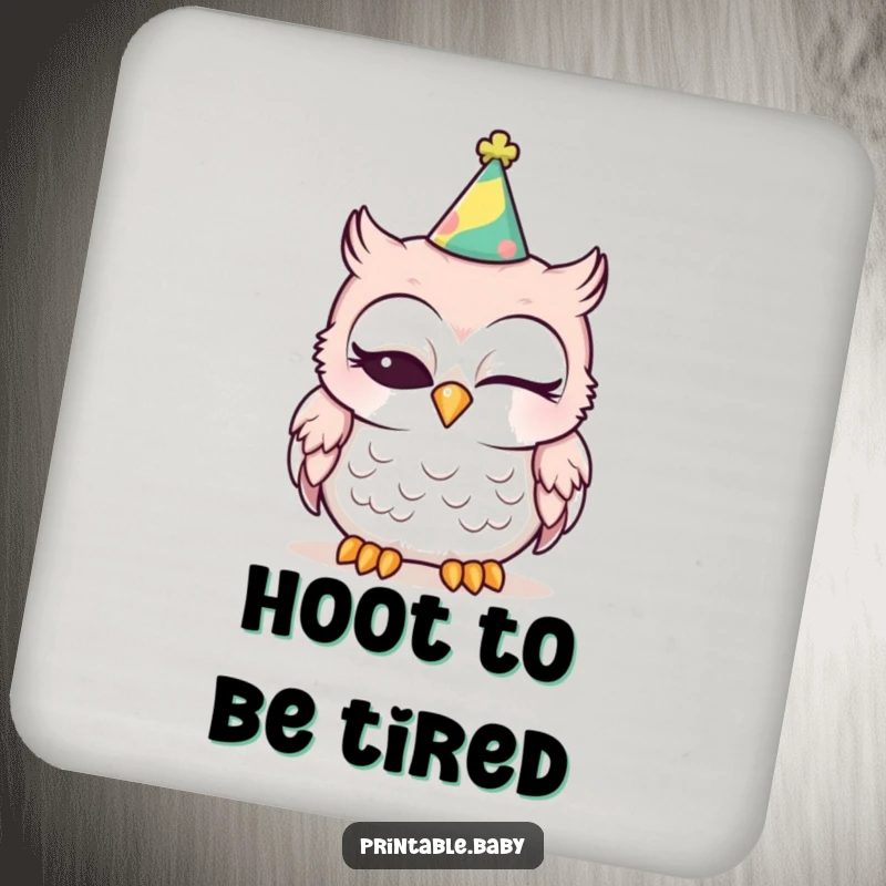 Funny sleepy baby owl with a party hat, eyes closed, on drink coasters, great for protecting surfaces humorously.