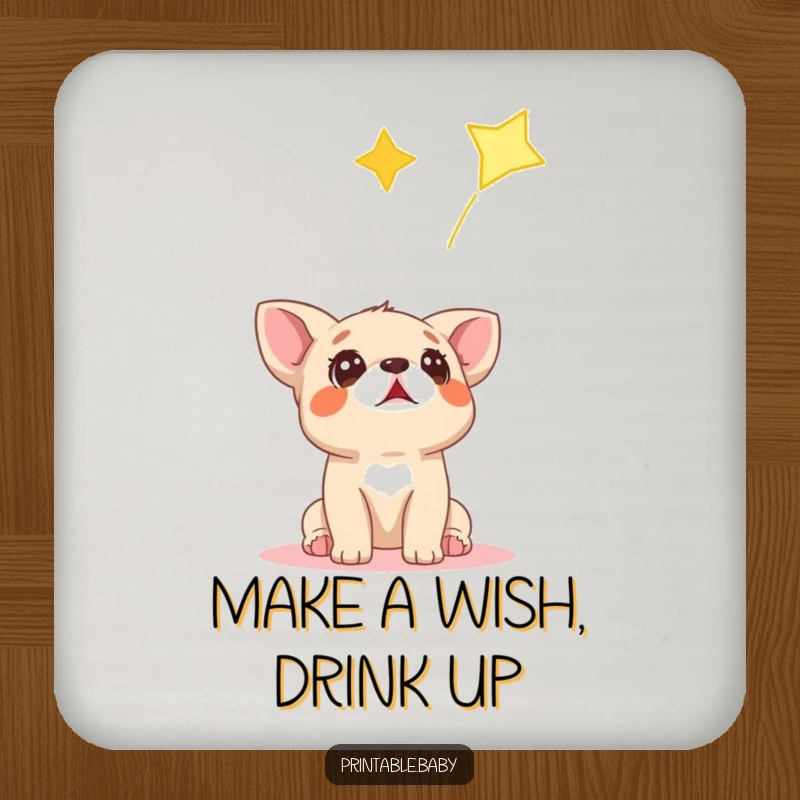 Funny drink coasters featuring a surprised dog cub looking up at a falling star, adding whimsy to surfaces.