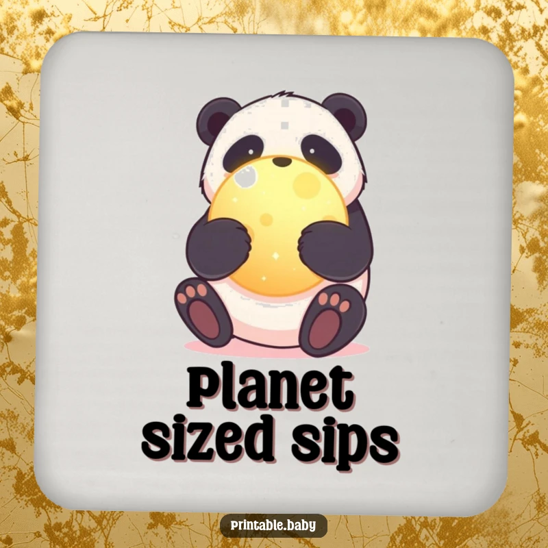 Funny drink coaster showcasing a sweet panda bear hugging a glowing planet, adding a touch of humor and environmental care.