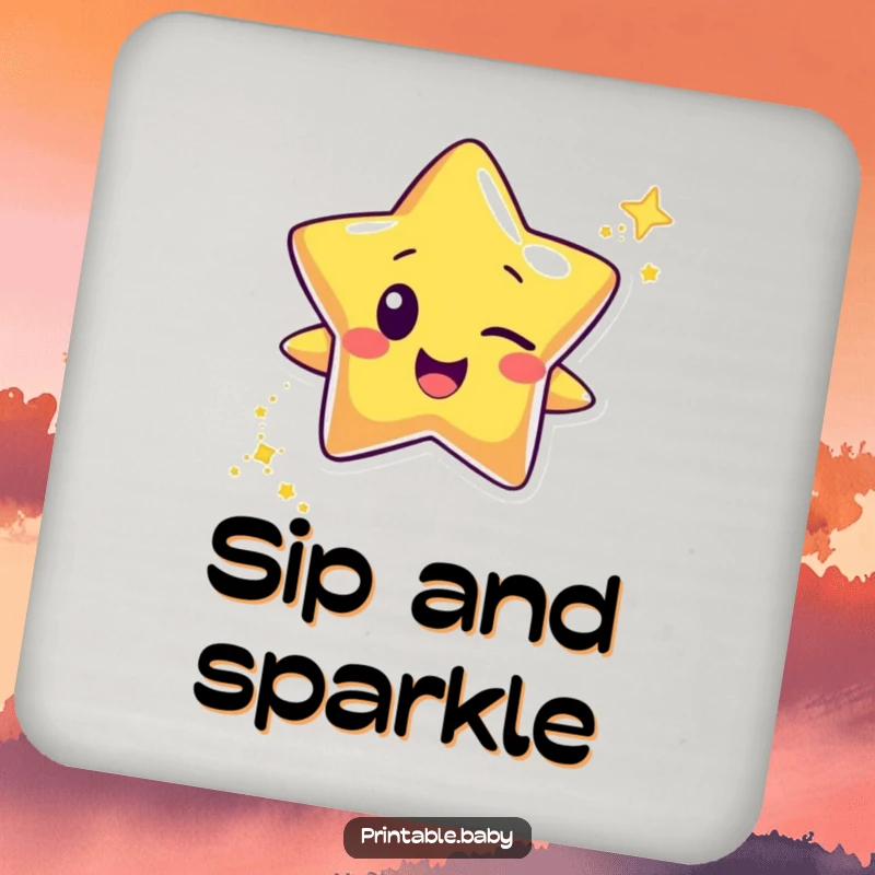 Funny happy star character drink coasters, winking and leaving a trail of glitter, perfect for protecting surfaces with sparkle and humor.