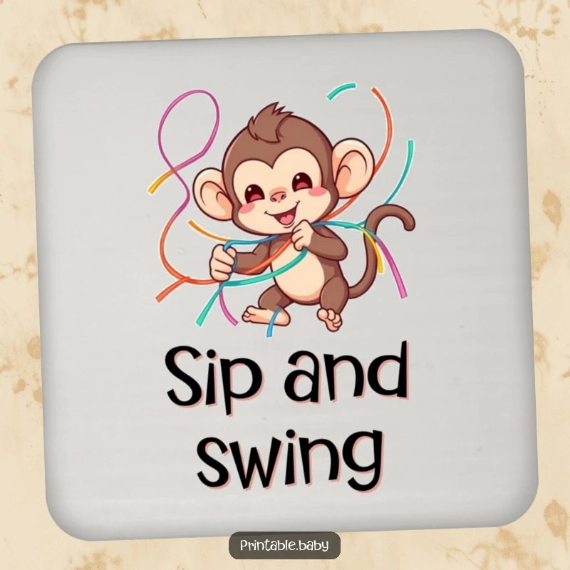 Funny monkey coasters featuring a playful monkey tangled in colorful streamers, protecting surfaces with fun.