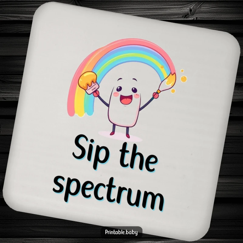 Funny drink coaster with a cheerful paintbrush character creating a rainbow arc, adding artistic flair and surface protection.