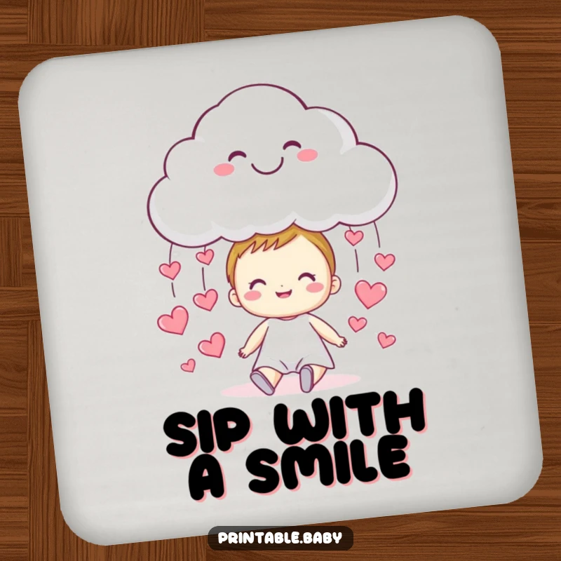 Funny cloud drink coaster, a smiling cloud raining tiny hearts onto a happy child, for tables.