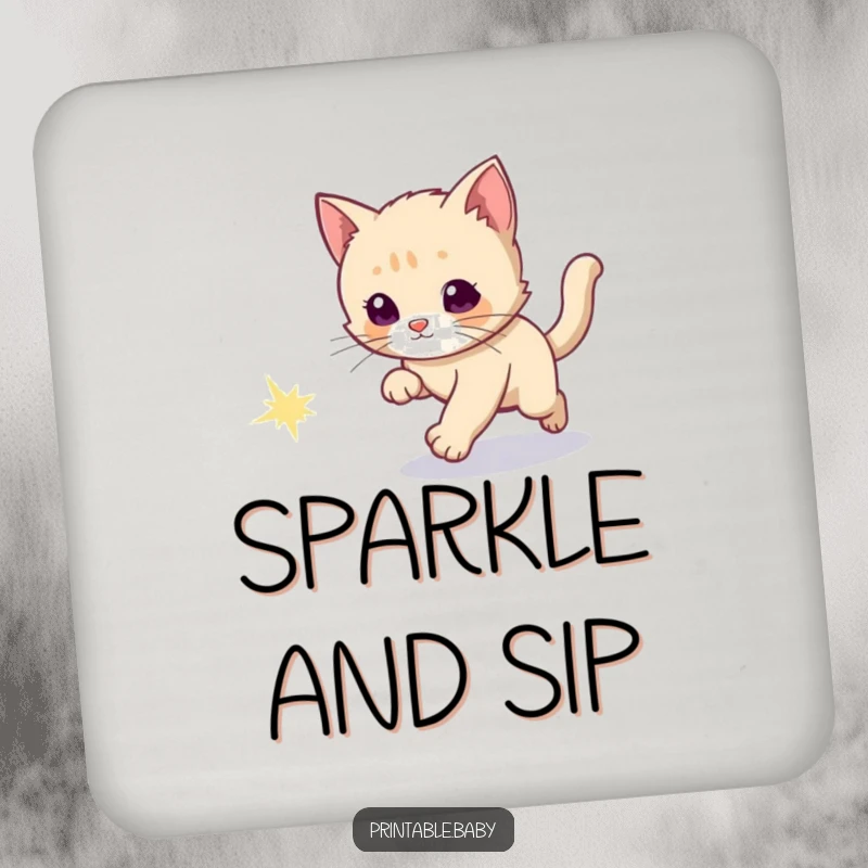 Funny drink coaster showing a curious kitten chasing a sparkly comet tail, adding cosmic charm to tables.