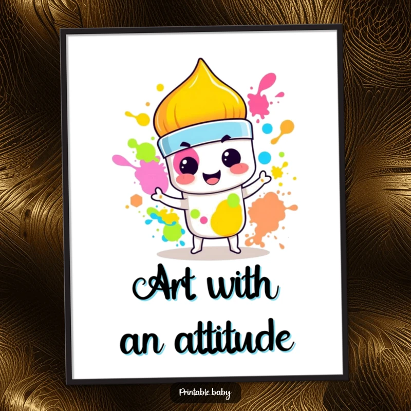 Funny Paintbrush Poster: Exciting wall art of a mischievous paintbrush splashing vibrant colors with a smirk, celebrating artistic energy.