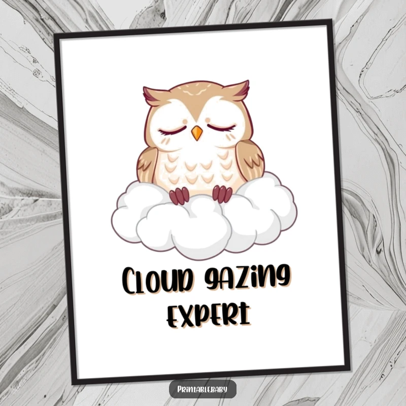 Funny poster showcasing a sleepy owl dozing soundly on a fluffy pile of clouds, a humorous and calming piece of art.