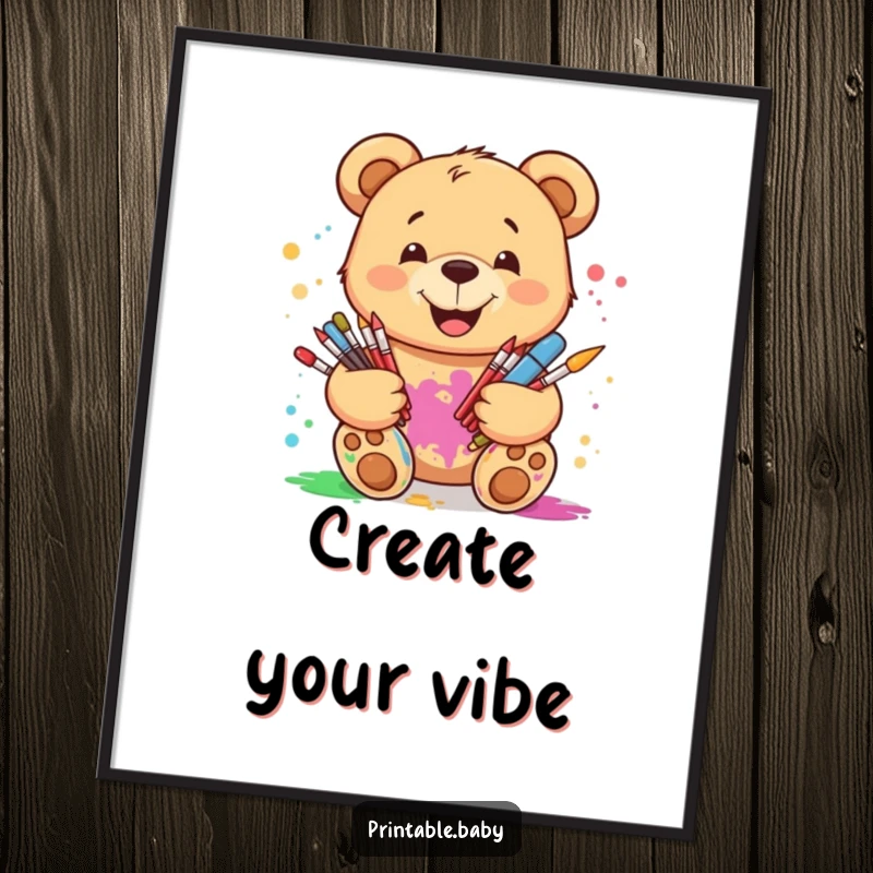 Funny smiling teddy bear poster, holding art supplies with paint splatters, perfect for adding creative and humorous wall decor.