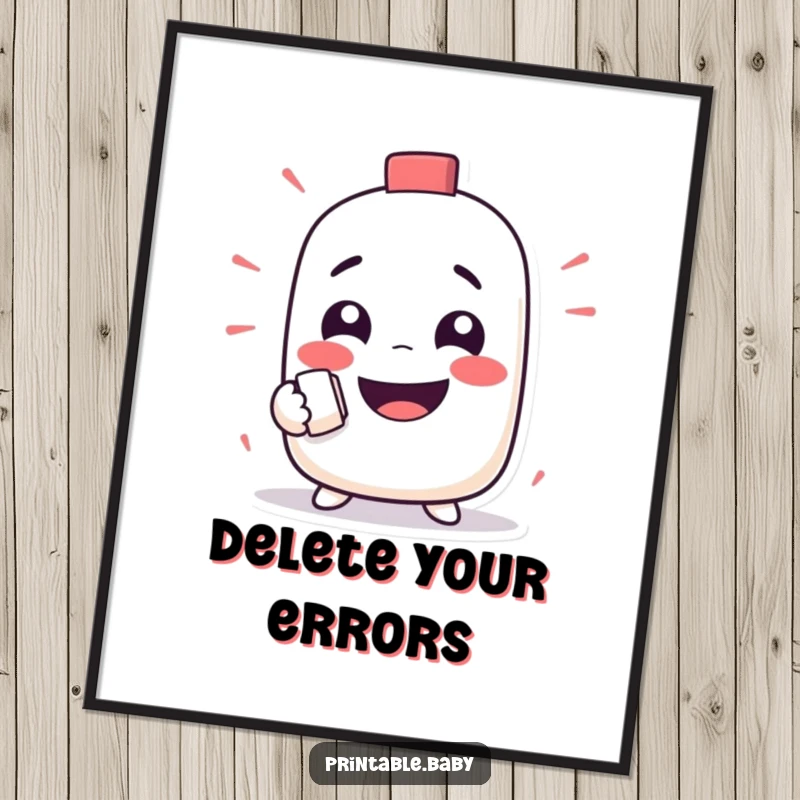 Funny poster featuring a mischievous eraser character joyfully rubbing out a funny face, adding whimsical art.