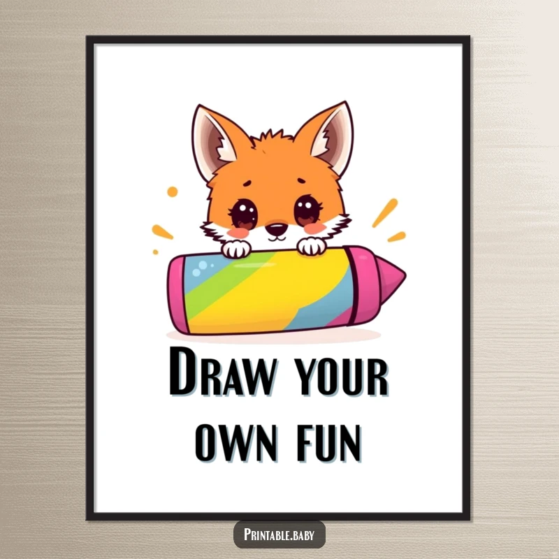 Funny poster art of a surprised fox cub peeking over a huge, vibrant crayon, capturing a moment of curious artistic exploration.