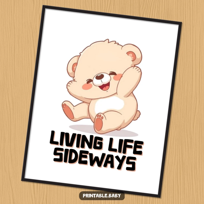 Funny bear cub poster, fluffy animal joyfully tumbling head over heels, charming and humorous wall art.