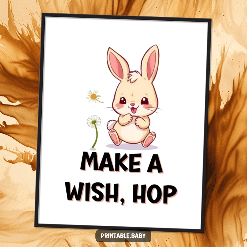 Funny bunny poster, mischievous bunny playfully chasing a dandelion seed, playful wall art.
